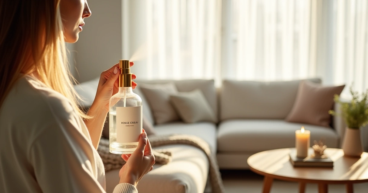 Blog 9 Mulher borrifando home spray em sala de estar minimalista e aconchegante