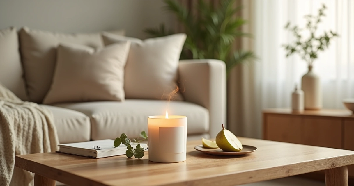 Blog 12 Vela perfumada acesa sobre mesa de madeira em sala aconchegante
