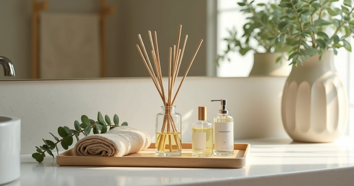 Blog 6 Kit de aromatizador de ambiente organizado em bandeja sobre pia de banheiro moderno
