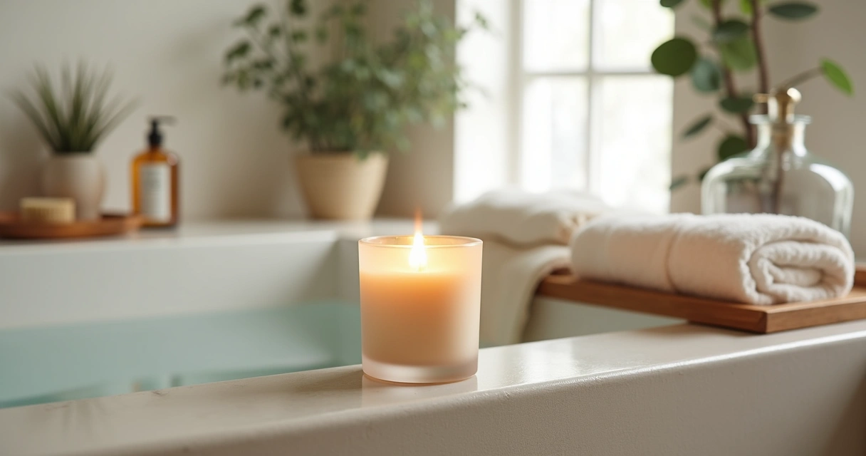 Blog 8 Vela perfumada acesa em banheiro estilo spa ao lado de toalhas e planta verde