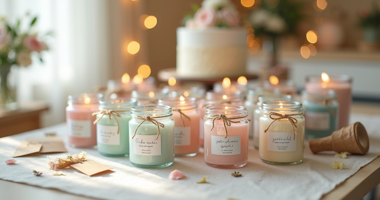 Blog 2 Varias velas aromáticas pequenas com etiquetas personalizadas organizadas como lembrancinhas em mesa de festa