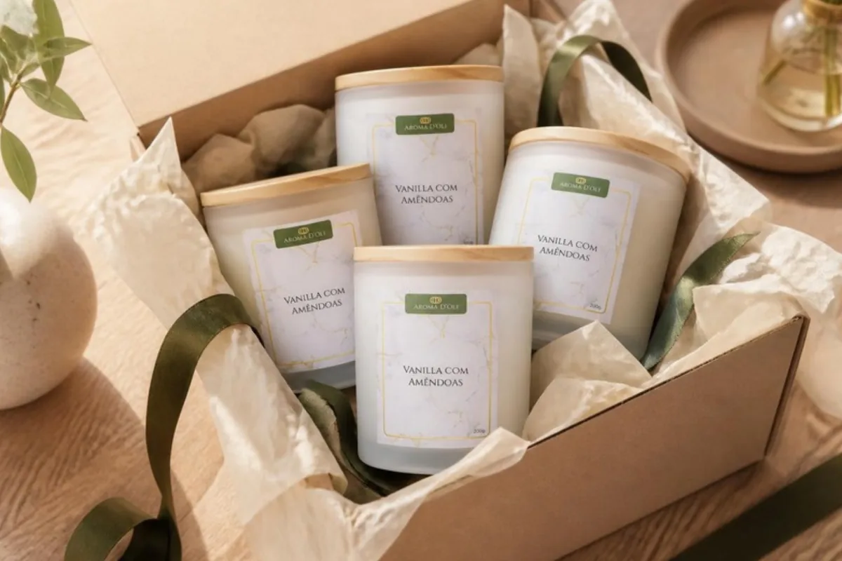 Caixa com velas no pote Vanilla com Amêndoas prontas para entrega de brinde corporativo