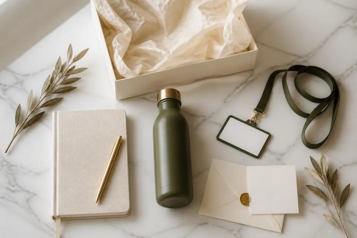 Itens do kit de boas-vindas para novos funcionários: caderno, caneta, garrafa, crachá e carta