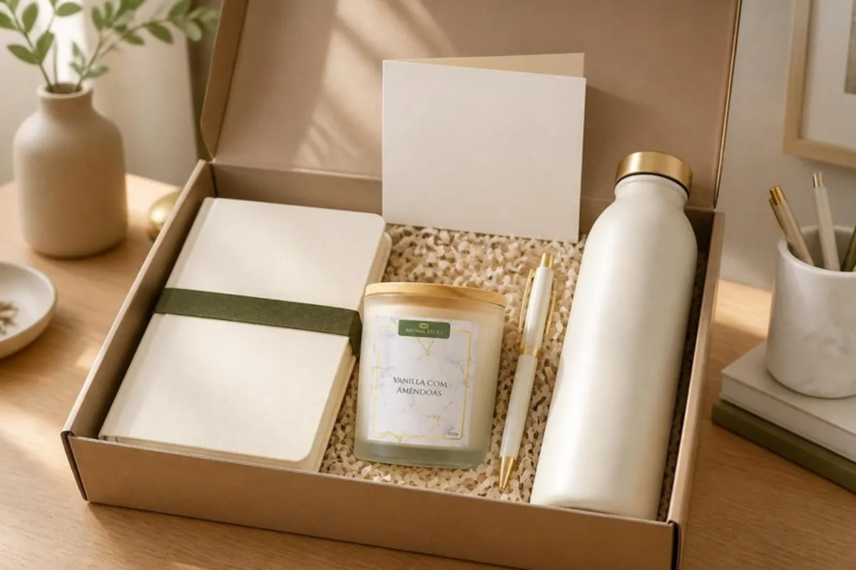 Kit de boas-vindas para colaborador em caixa kraft com caderno, garrafa e vela no pote