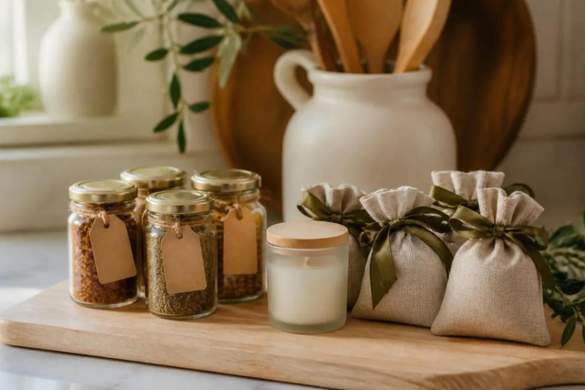 Lembrancinha útil para chá de panela: temperos, sachês perfumados e vela aromática na bancada