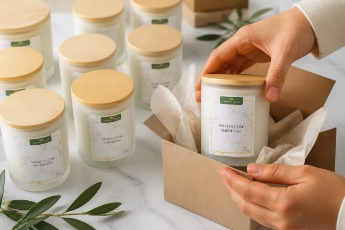 Lote de velas aromáticas no pote sendo embaladas em caixas kraft para pedido corporativo de Natal