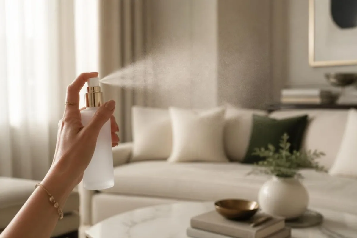 Mão borrifando o melhor home spray no ar de uma sala de estar clara