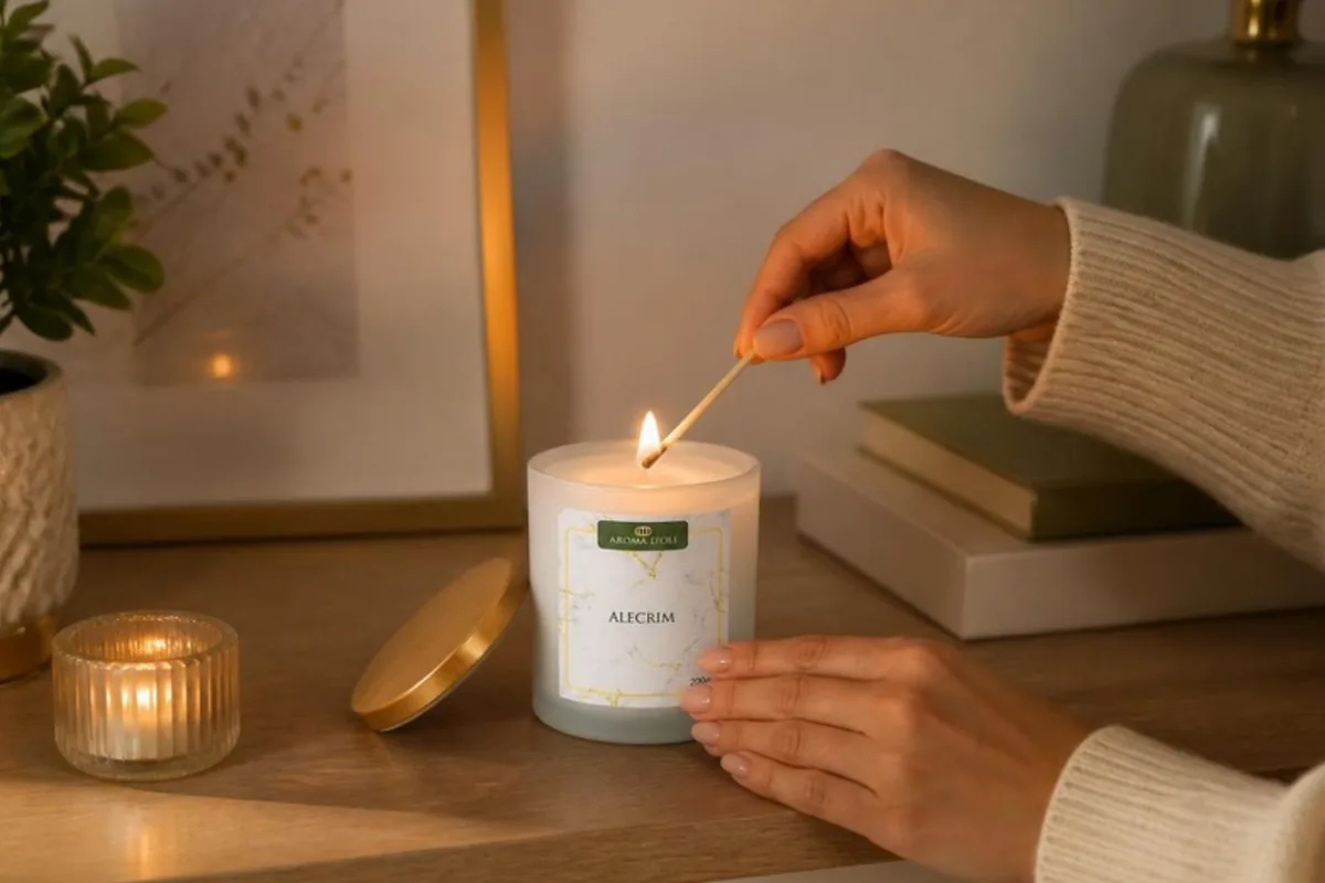Mãos acendendo vela aromática Aroma D'Oli em casa, brinde corporativo que a equipe realmente usa