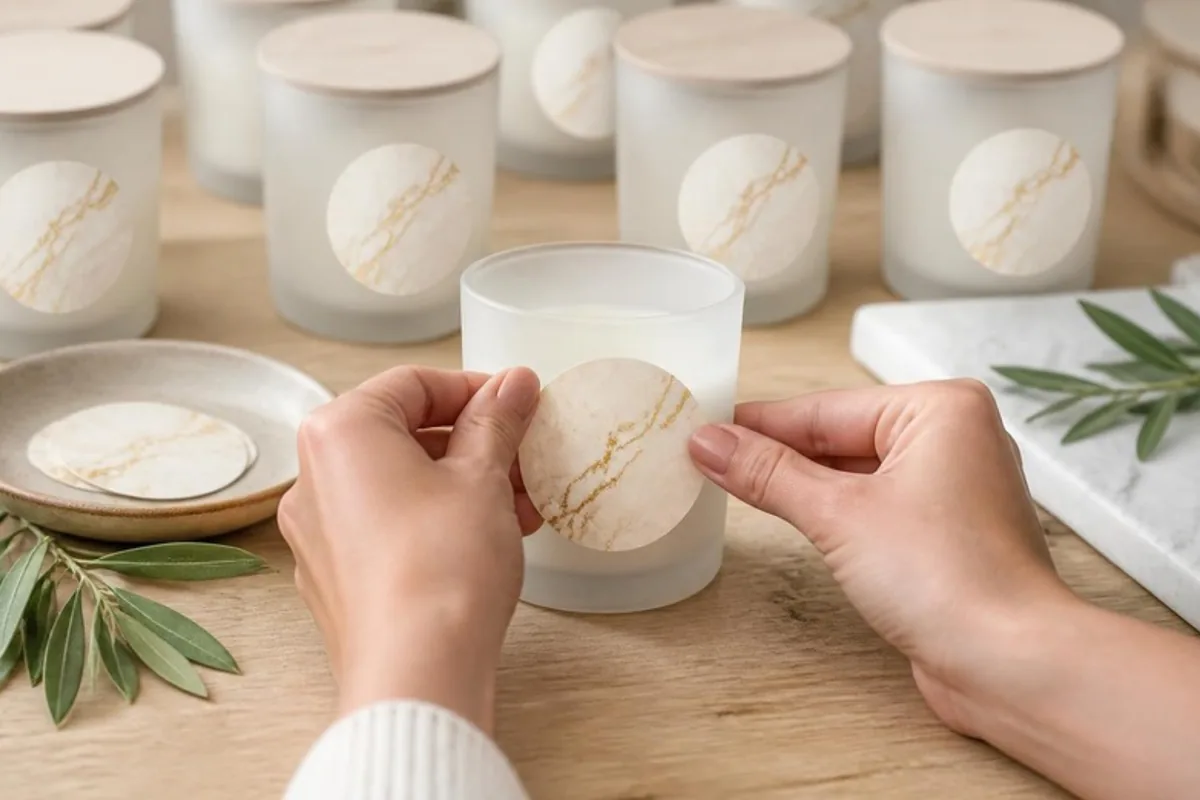 Mãos aplicando rótulo marmorizado em vela aromática no ateliê para pedido corporativo