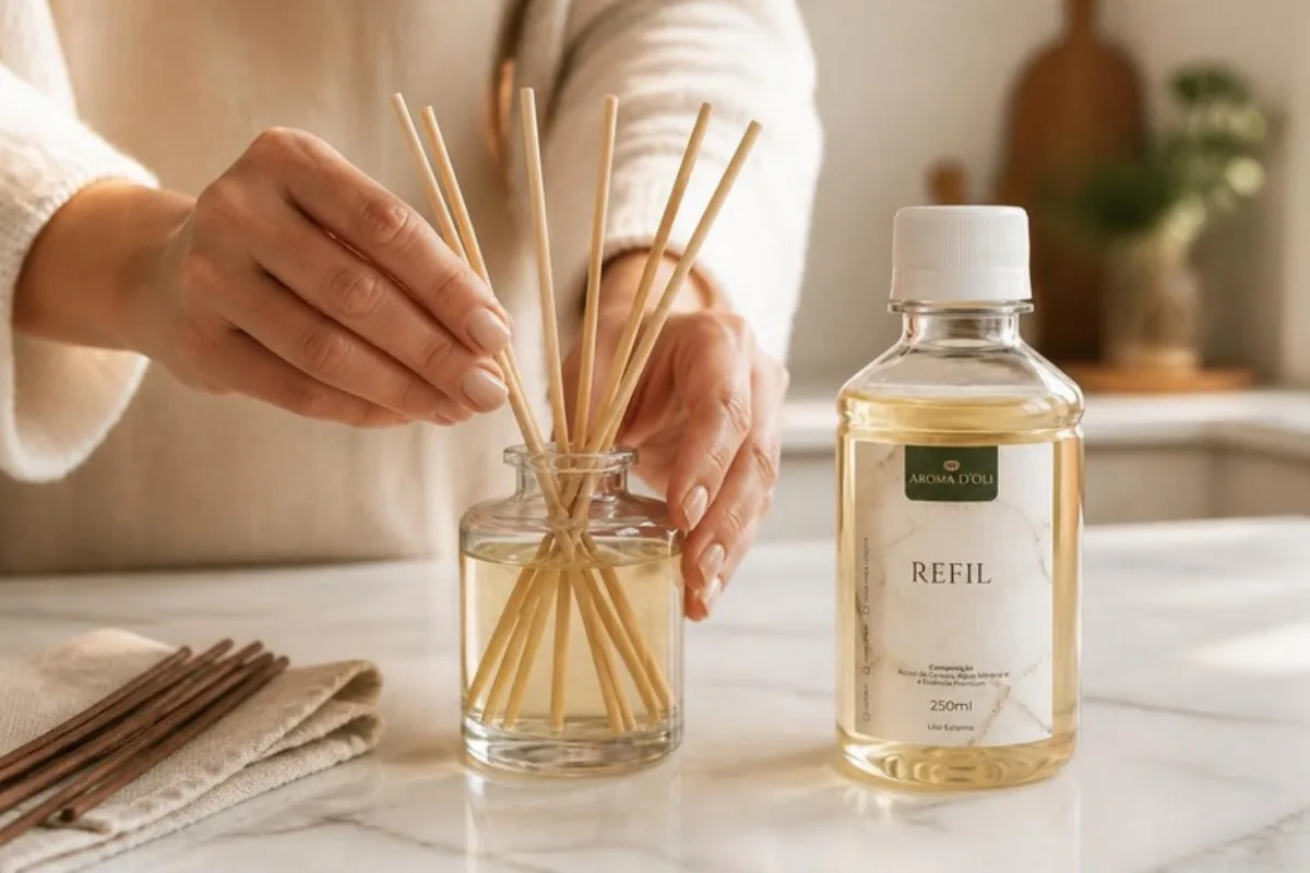 Mãos colocando varetas novas no frasco do difusor ao lado do refil Aroma D'Oli
