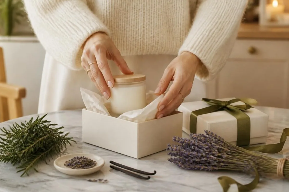 Mãos embalando vela de lembrancinha personalizada com alecrim, lavanda e baunilha ao lado
