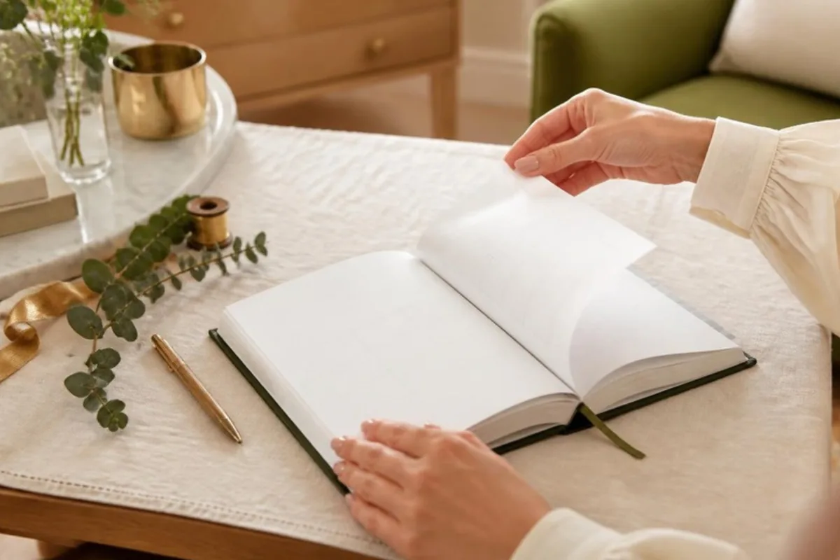 Mãos folheando agenda em branco para planejar o prazo do brinde de fim de ano
