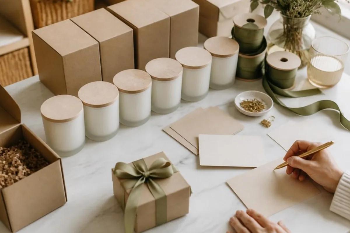 Mesa de ateliê com velas artesanais, caixas kraft e fitas verdes preparadas para pedido de brinde corporativo