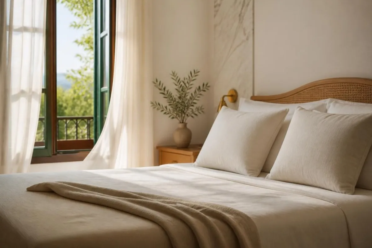 Quarto de pousada com roupa de cama clara e janela aberta, pronto para o check-in
