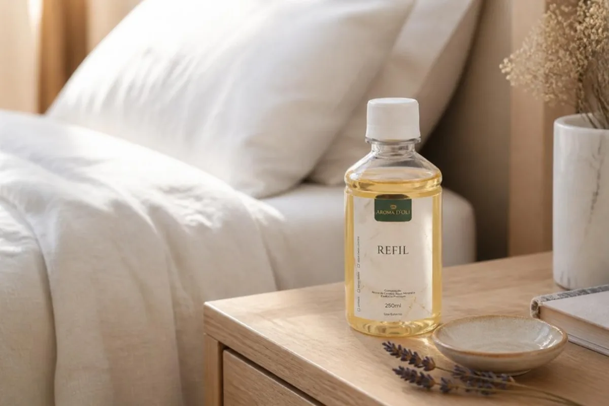 Refil de home spray Aroma D'Oli na mesa de cabeceira de um quarto com lavanda