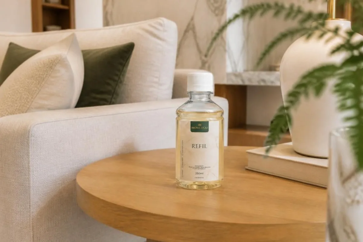 Refil de home spray Aroma D'Oli sobre mesa de madeira ao lado do sofá em sala aconchegante