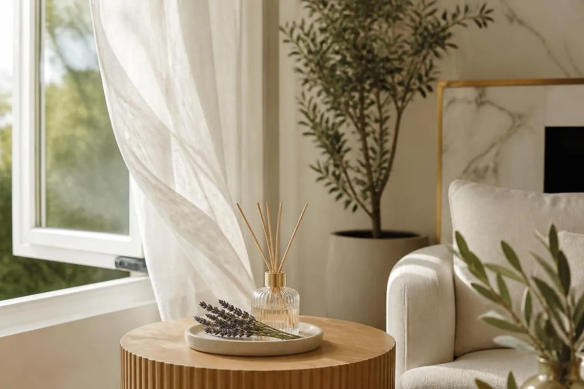 Sala arejada com janela aberta e difusor de varetas para aromatizar sem fazer mal