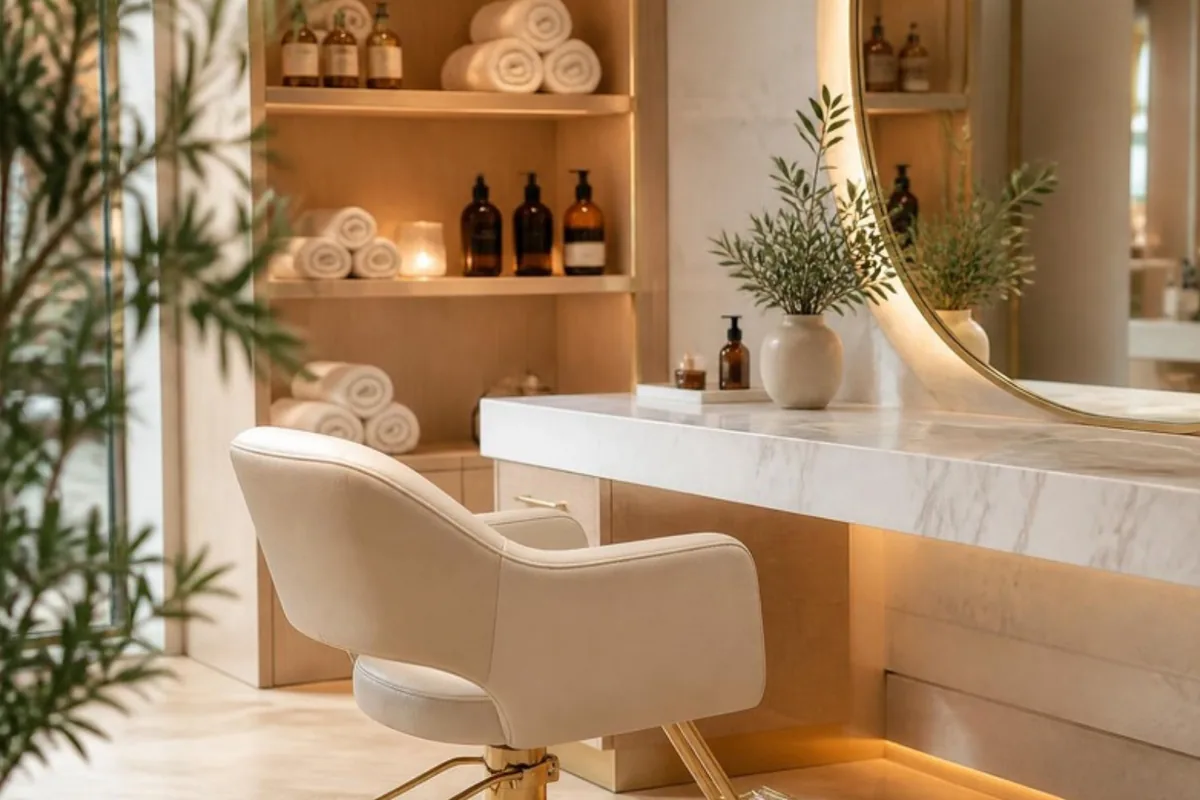 Salão de beleza aconchegante em tons creme, exemplo de aromatização de ambiente comercial