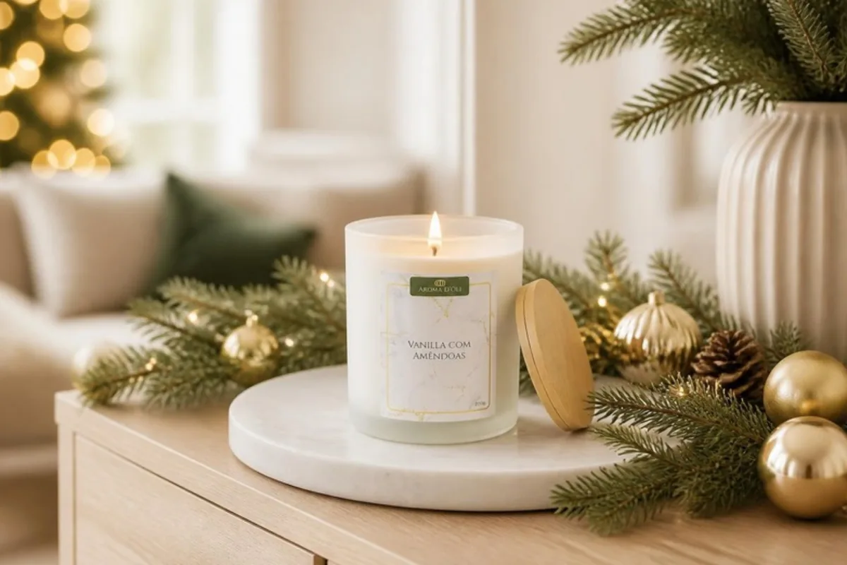 Vela aromática no pote Aroma D'Oli acesa em aparador decorado para o Natal
