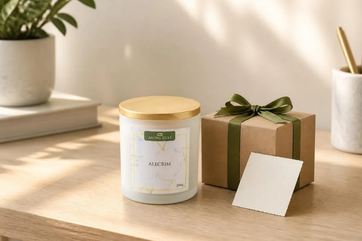 Vela aromática personalizada Aroma D'Oli ao lado de caixa de presente para brinde corporativo de fim de ano