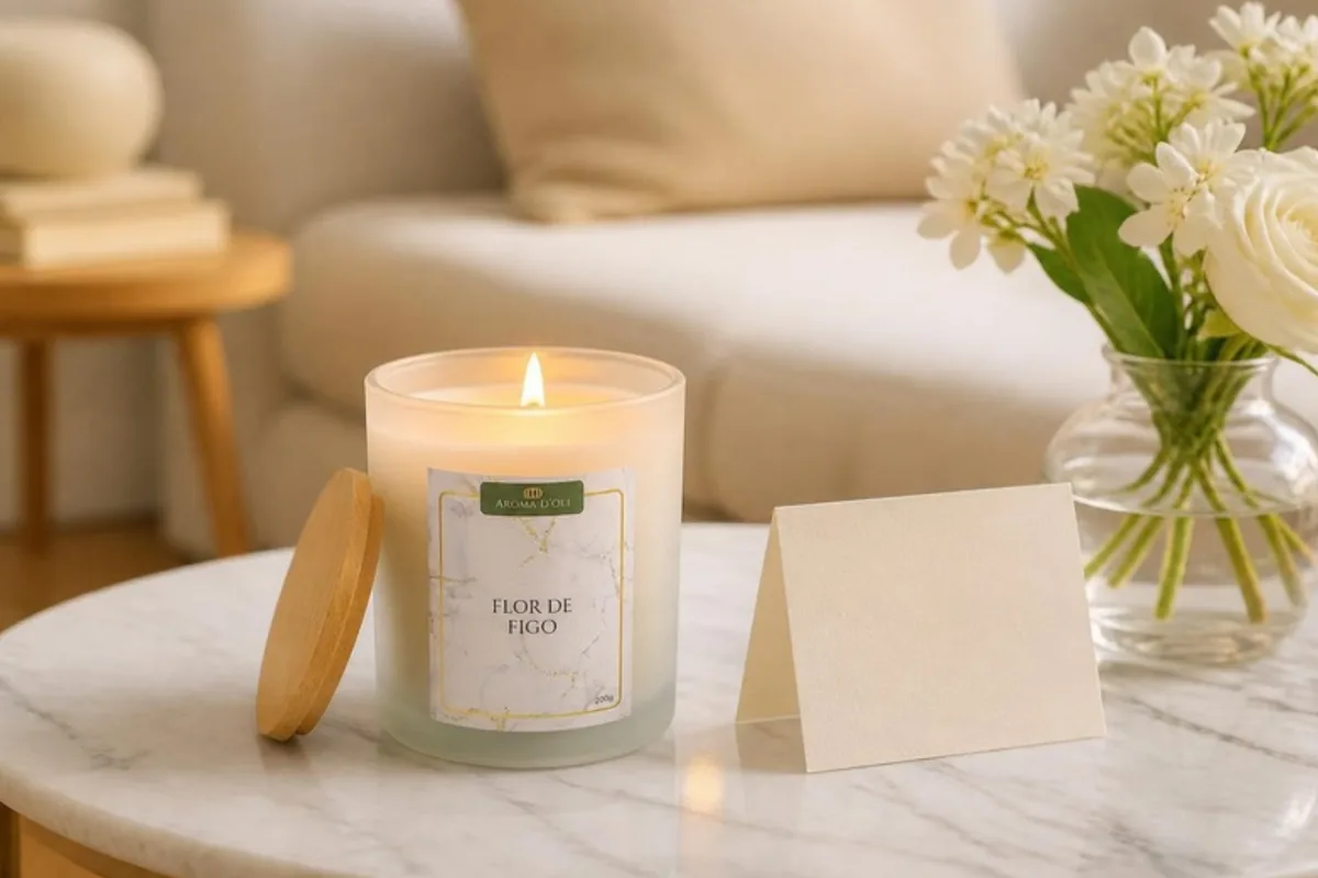 Vela Flor de Figo acesa na mesa de mármore da sala com cartão de boas-vindas