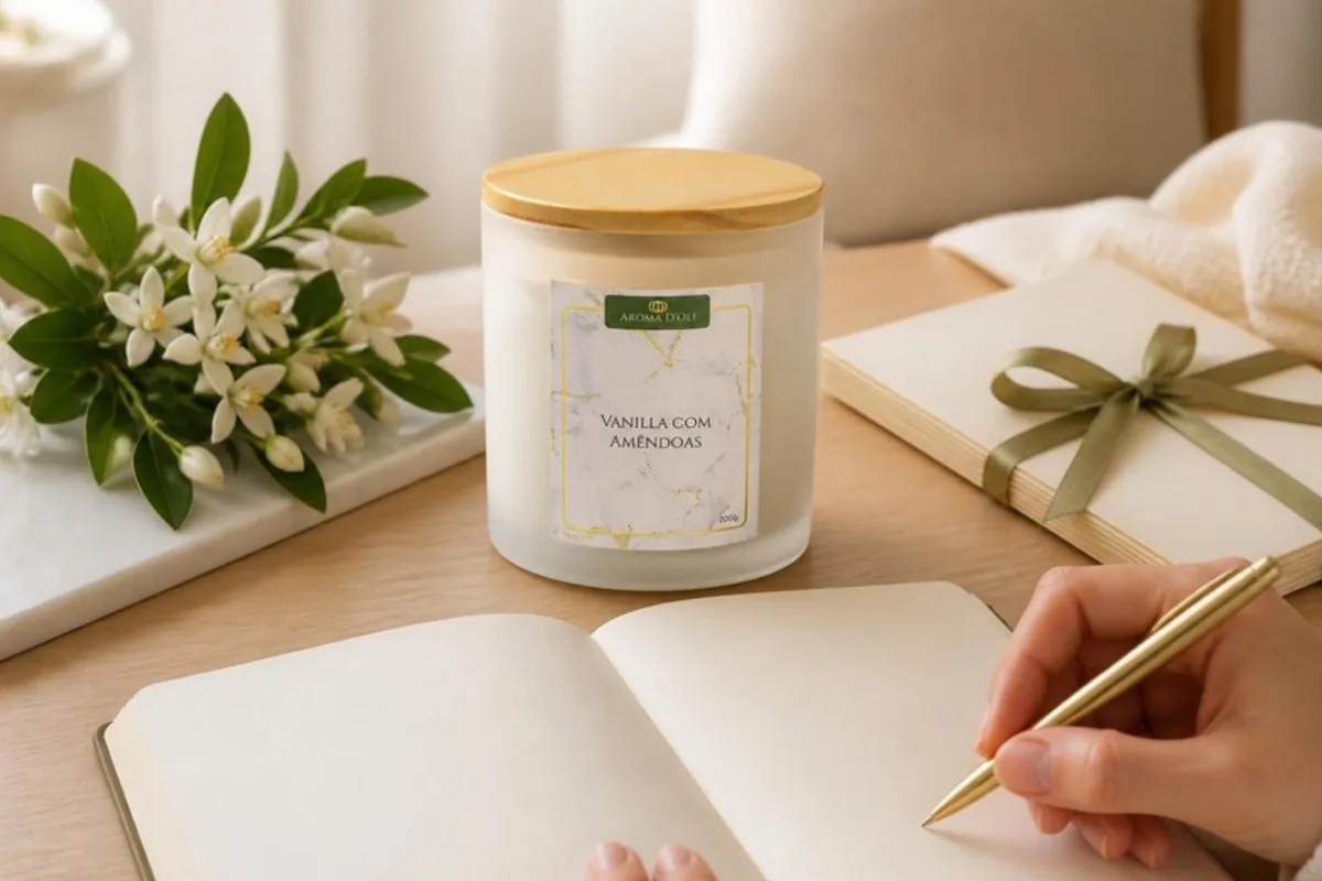 Vela no pote Aroma D'Oli ao lado do caderno de planejamento das lembrancinhas de casamento