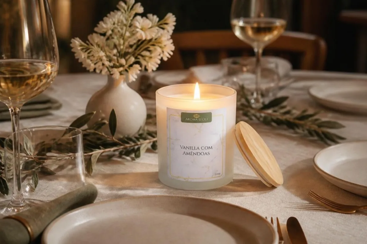 Vela Vanilla com Amêndoas acesa em mesa de jantar para quem gosta de receber em casa