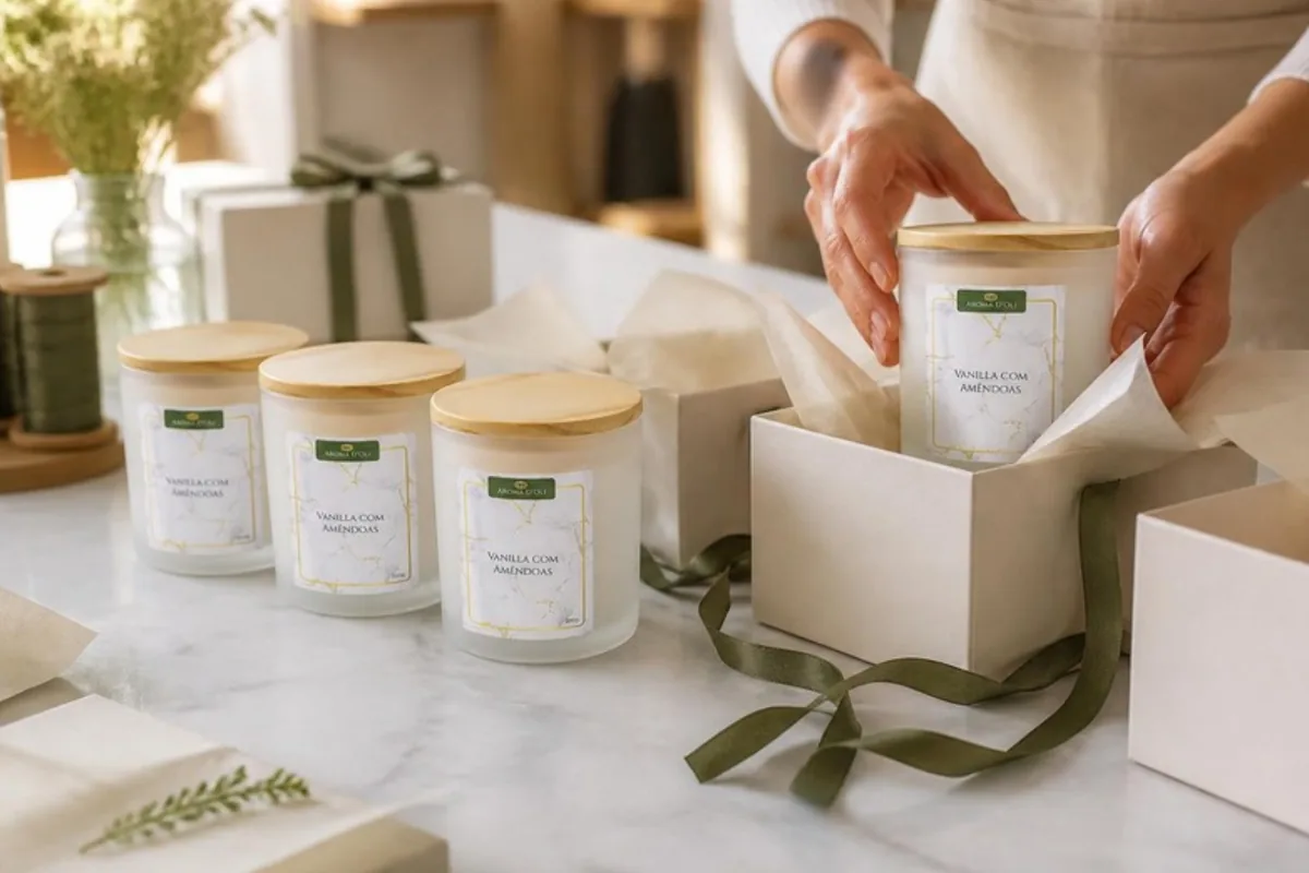 Velas no pote Vanilla com Amêndoas sendo embaladas em caixas para pedido corporativo
